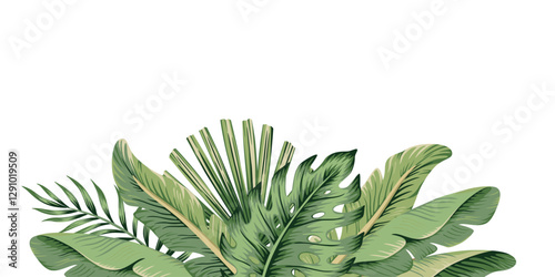 Tropical palm leaves, banana leaves botanical border. Exotic jungle banner.