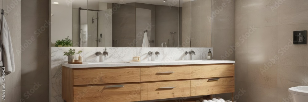 Fototapeta premium Double sink vanity with wall separating from shower area including cabinet storage, shower enclosure, warm lighting