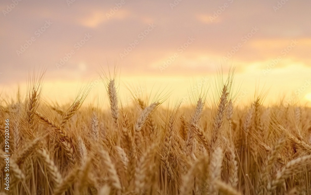 Peaceful countryside with golden wheat fields under a soft pink sky Peaceful countryside with golden wheat fields under a soft pink sky