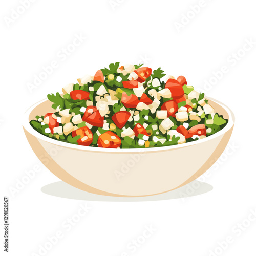 Minimalist flat illustration of Tabbouleh, featuring a clean design isolated on a white background.

