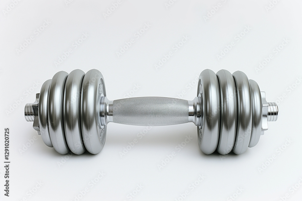 A sleek, metallic dumbbell placed on a clean white background, showcasing its smooth, shiny surface A sleek, metallic dumbbell placed on a clean white background, showcasing its smooth, shiny surface