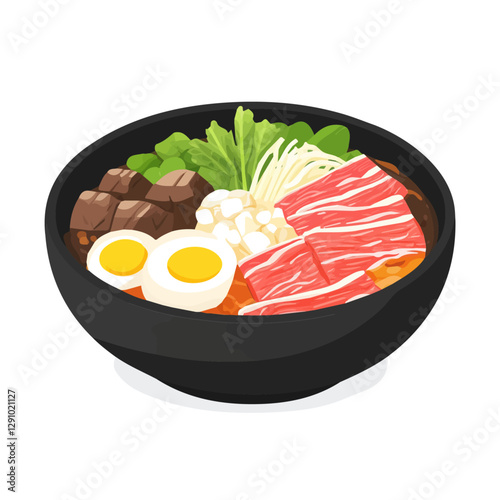 Minimalist flat illustration of Sukiyaki, featuring a clean design isolated on a white background.


