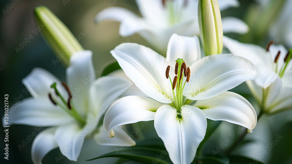 Close-up of beautiful white lilies in bloom with green stems, showcasing the elegance and purity of nature, symbolizing freshness, renewal, and beauty in spring. Close-up of beautiful white lilies in bloom with green stems, showcasing the elegance and purity of nature, symbolizing freshness, renewal, and beauty in spring.