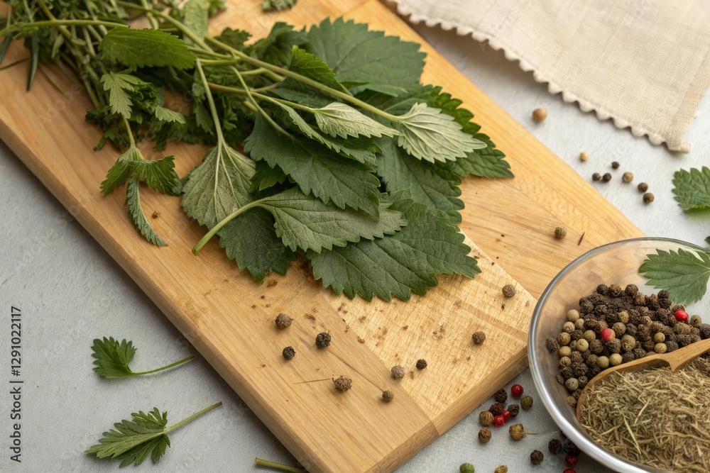 Dry nettle leaves scattered on a wooden board with other herbs and spices, isolation, texture, nature Dry nettle leaves scattered on a wooden board with other herbs and spices, isolation, texture, nature
