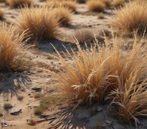 Dry, wiry grasses with a spiny texture scattered over the ground, brittle, thin