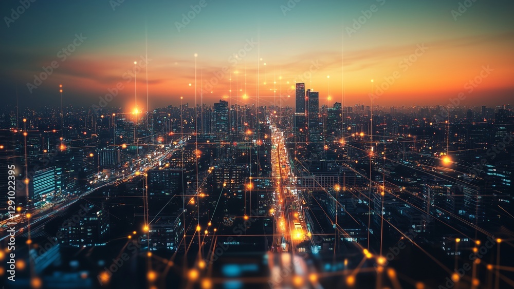 Obraz premium Smart City Network Digital Connection Urban Technology Global Communication