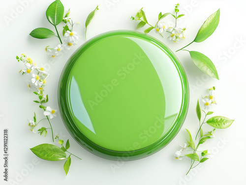 Bright green glossy circular object surrounded by soft floral elements, evoking a fresh, natural feeling