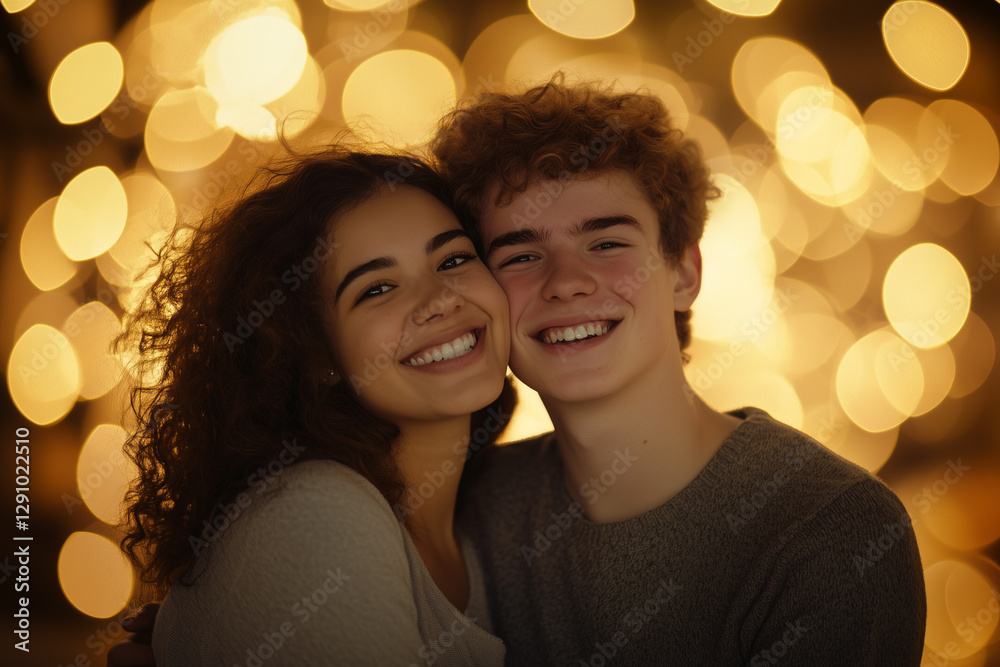 A cheerful young couple in front of warm bokeh lights, festive vibe, holiday, love concept A cheerful young couple in front of warm bokeh lights, festive vibe, holiday, love concept
