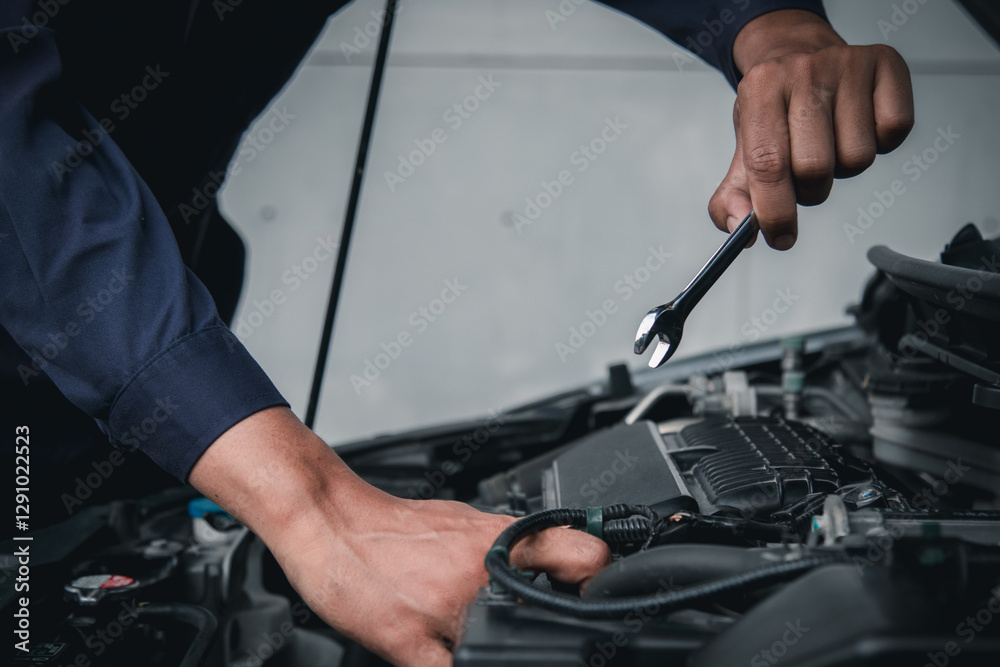 Mechanic using wrench while working on car engine outside the service center , Repair and service. Mechanic using wrench while working on car engine outside the service center , Repair and service.