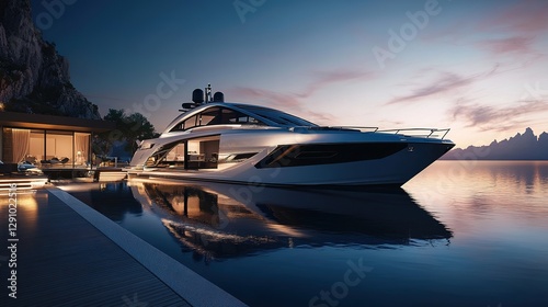 Wallpaper Mural Luxury Yacht Docked at Sunset Near Modern Villa Torontodigital.ca