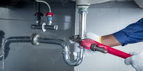 Plumber hands holding wrench doing repairing work at the sink and clogged pipe in bathroom carefully