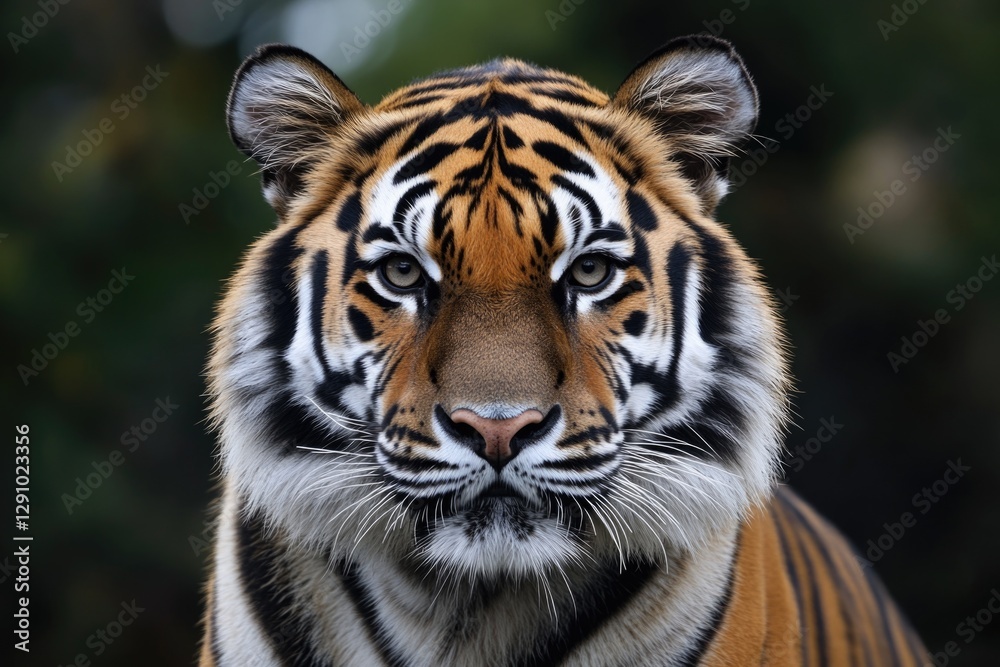 Fototapeta premium A close-up shot of a tiger's face with trees in the background, suitable for wildlife or nature-themed designs