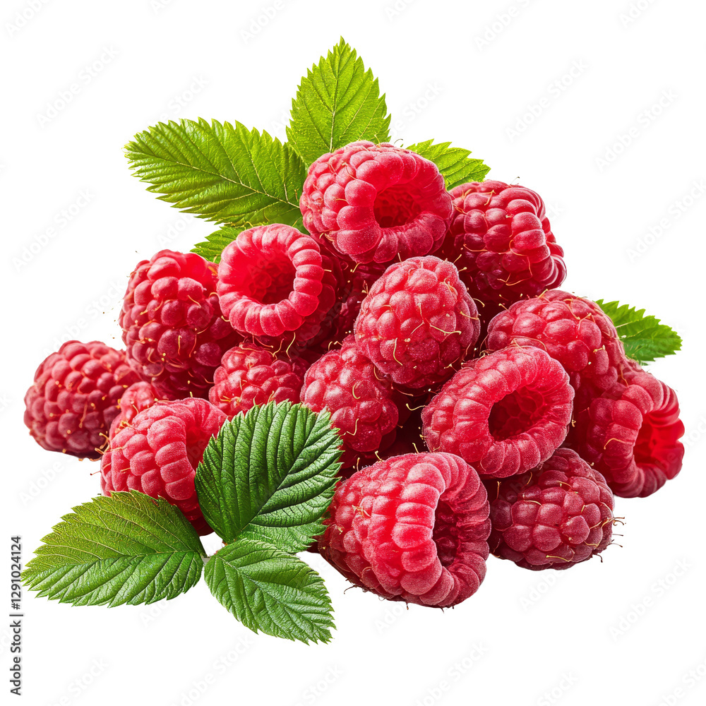 Fresh raspberries gathered with green leaves isolated on a clean transparent background, stack of fresh raspberries with leaves isolated on transparent background Fresh raspberries gathered with green leaves isolated on a clean transparent background, stack of fresh raspberries with leaves isolated on transparent background