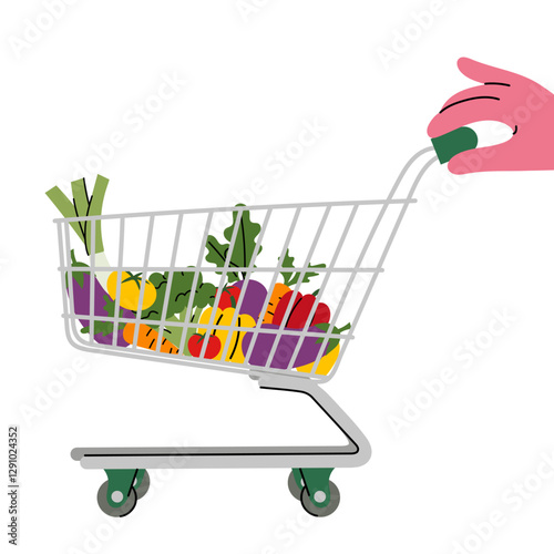 Shopping cart with fresh vegetables – grocery store, healthy food, supermarket, organic produce, eco-friendly shopping, vegan lifestyle, market purchase, flat vector illustration