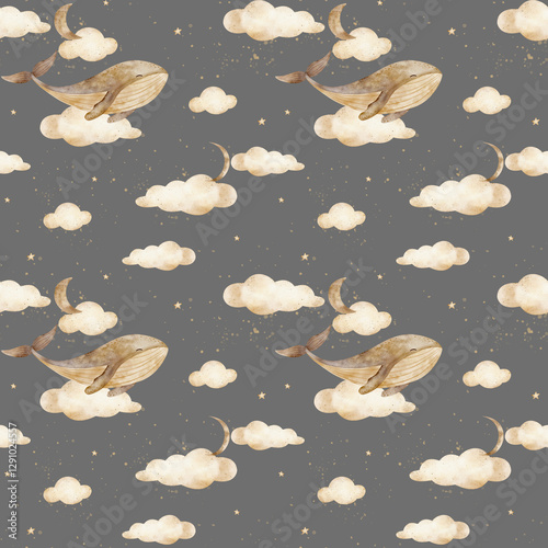 Seamless pattern monochrome whale swims in clouds, moon, stars. Watercolor print in beige pastel color. Hand drawn illustrations isolated for textile design, fabric, wallpapers, cards, dreams, sleep