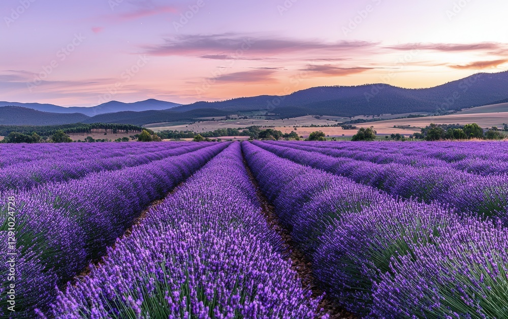 Fototapeta premium Rolling lavender fields in full bloom under a pastel evening sky