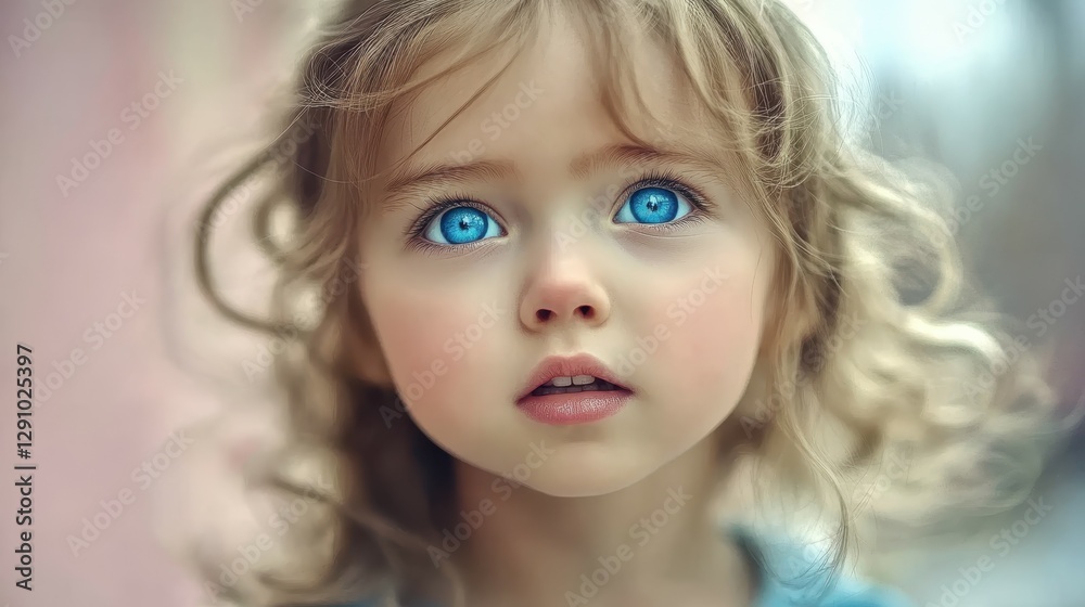 A young girl with curly hair and brilliant blue eyes gazes upward in a serene moment. The soft light highlights her features and expression, creating a captivating atmosphere A young girl with curly hair and brilliant blue eyes gazes upward in a serene moment. The soft light highlights her features and expression, creating a captivating atmosphere