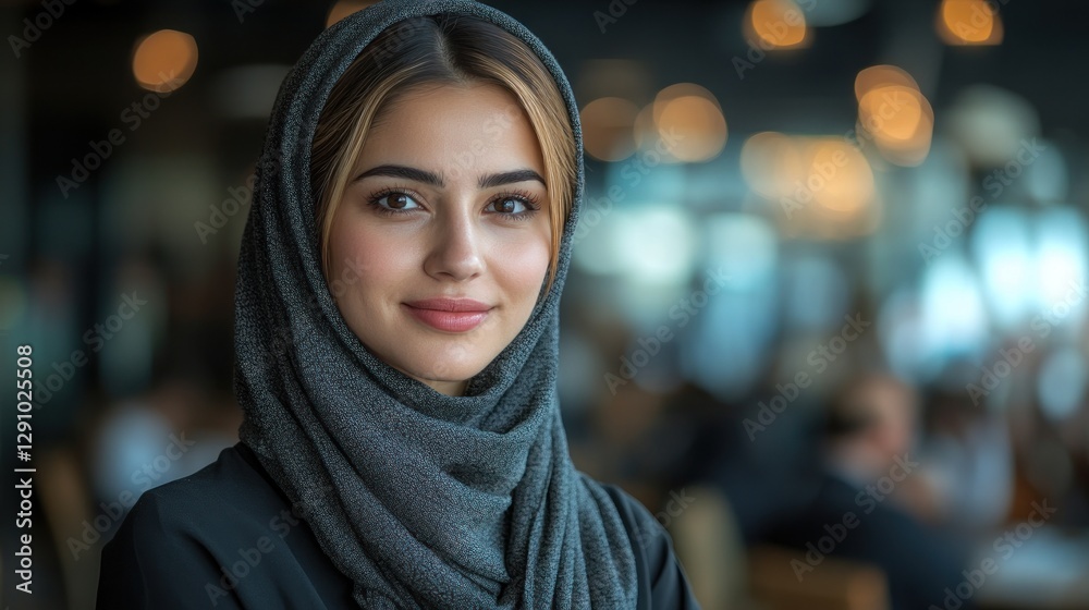 Smiling woman in hijab, cafe setting, blurred background Smiling woman in hijab, cafe setting, blurred background