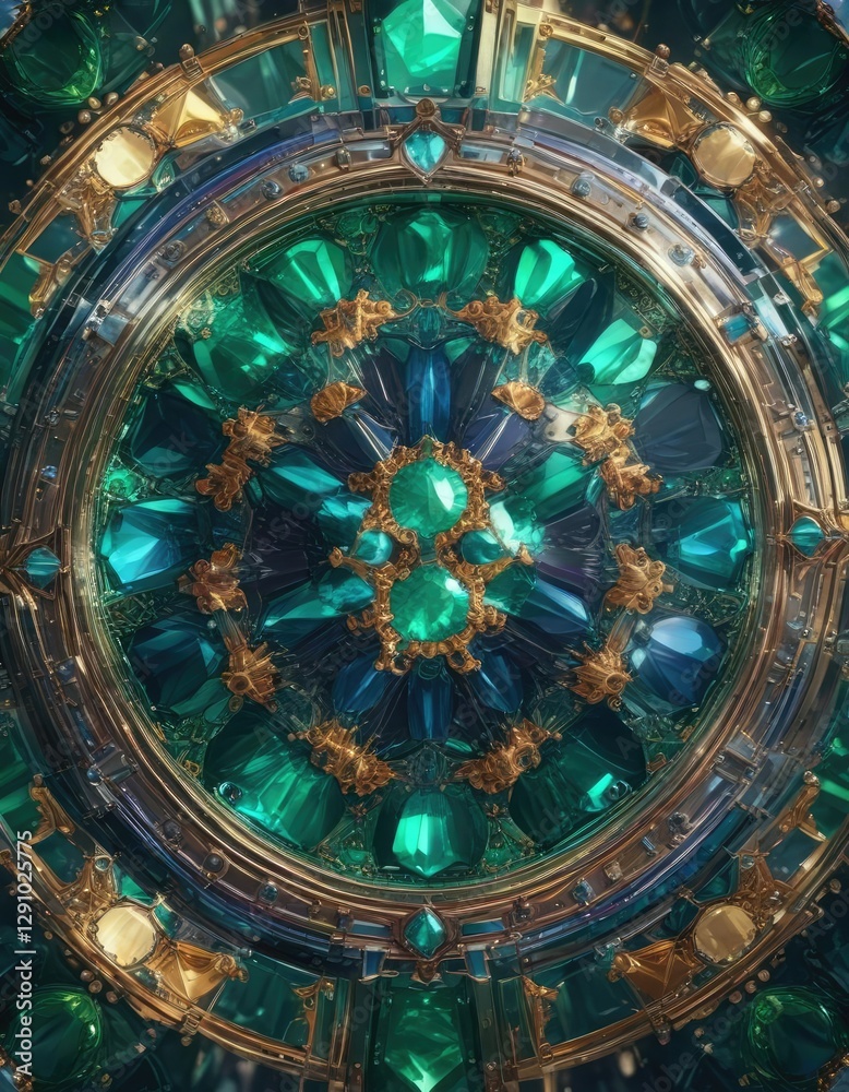 Obraz premium Emeralds and sapphires embedded in a kaleidoscope of colors against a glossy, metallic surface, crystal decor, gemstone arrangement