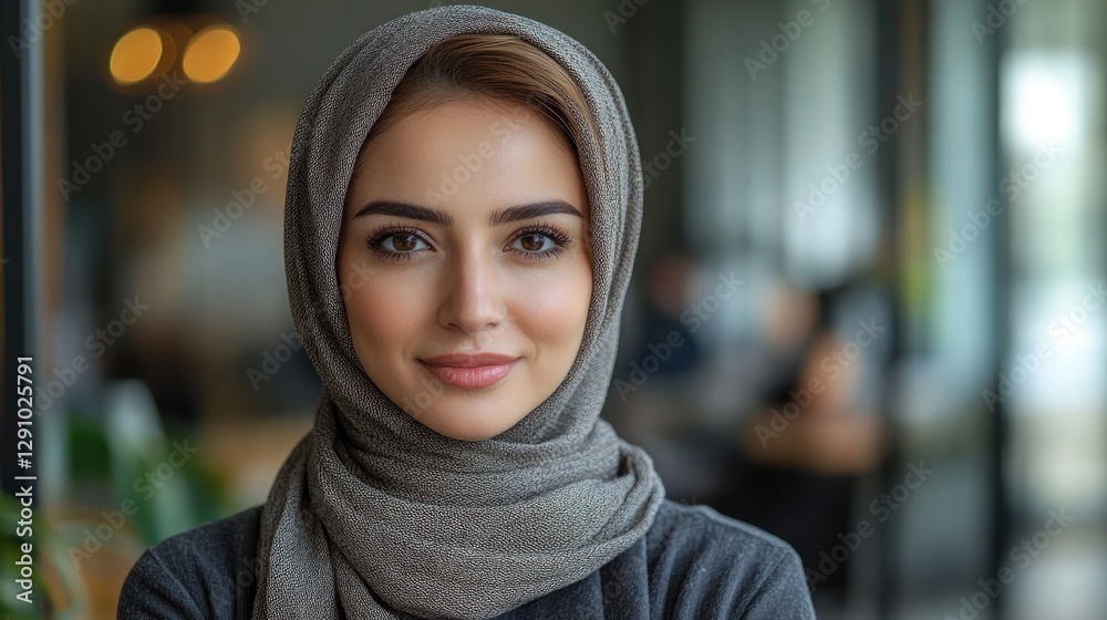 Smiling Woman in Hijab, cafe setting, focused portrait Smiling Woman in Hijab, cafe setting, focused portrait