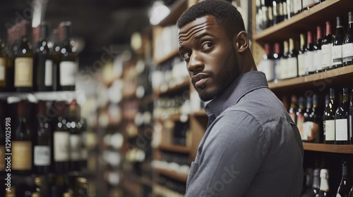 Thief alert at a wine store, employee noticing suspicious actions. Featuring fast reaction and product protection photo