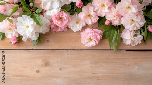 Beautiful arrangement of pink and white flowers on rustic wooden background depicting spring and natural beauty