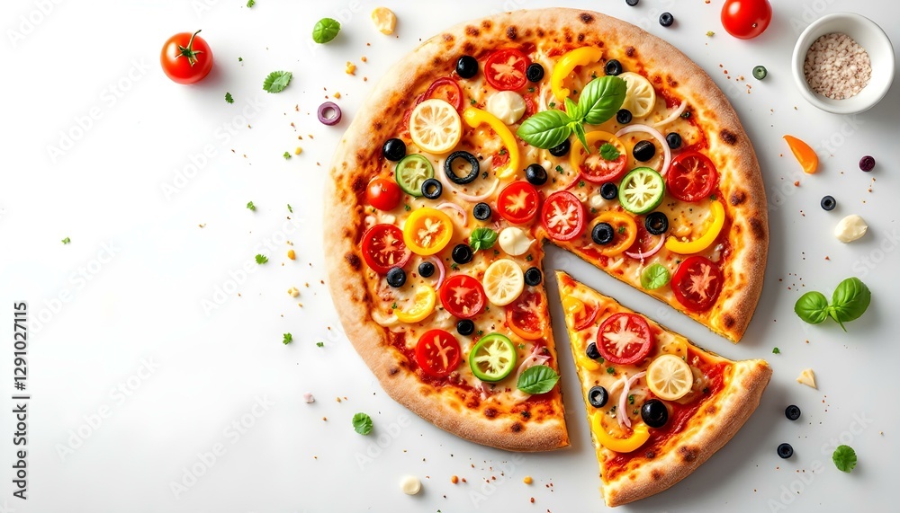 Pizza, colorful toppings, vibrant vegetables, white background Pizza, colorful toppings, vibrant vegetables, white background