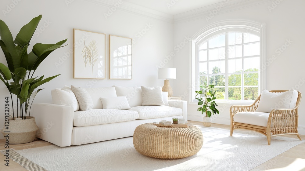 Naklejka premium Cozy Scandinavian-inspired living room featuring natural light and minimalist decor