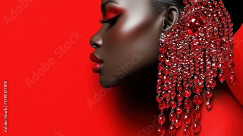 A woman poses gracefully with dramatic red makeup and stunning jeweled accessories, creating a striking contrast against a vibrant red background that enhances her features