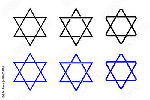 A simple black and white icon set minimalist featuring the Star of David on a white background. Black and blue star of David icon set. Vector illustration.