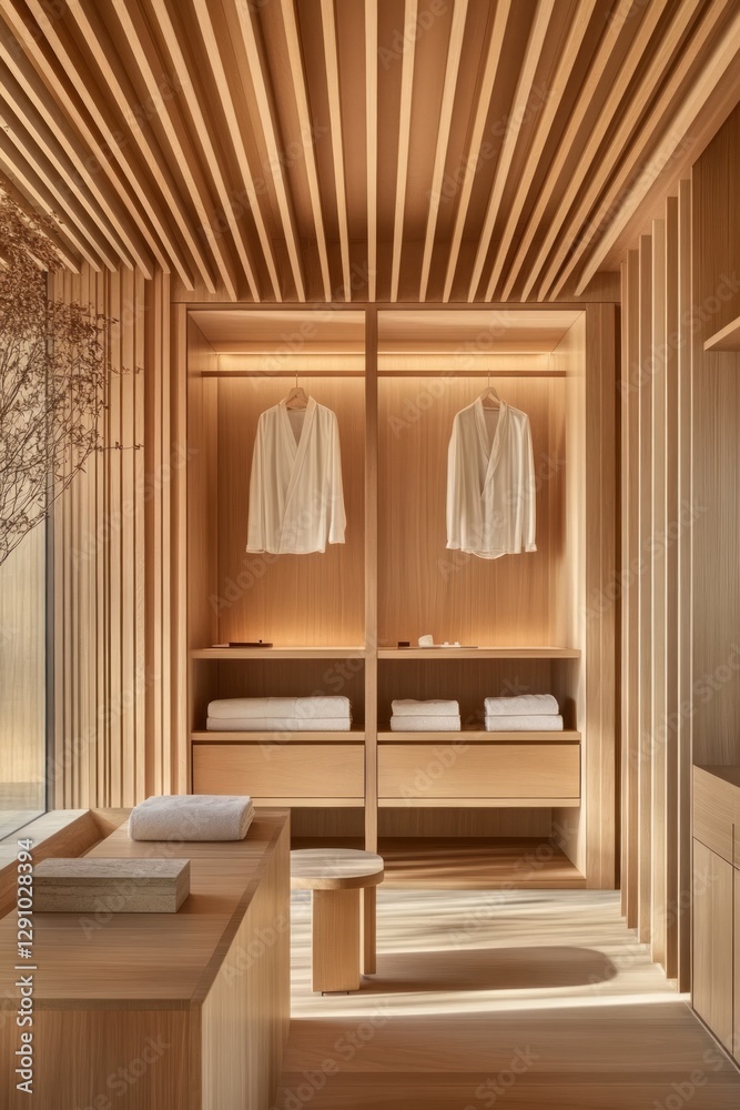 A tranquil setting showcases the Japandi design philosophy with predominantly wooden elements, neutral tones, and organized storage, enhancing relaxation and simplicity A tranquil setting showcases the Japandi design philosophy with predominantly wooden elements, neutral tones, and organized storage, enhancing relaxation and simplicity