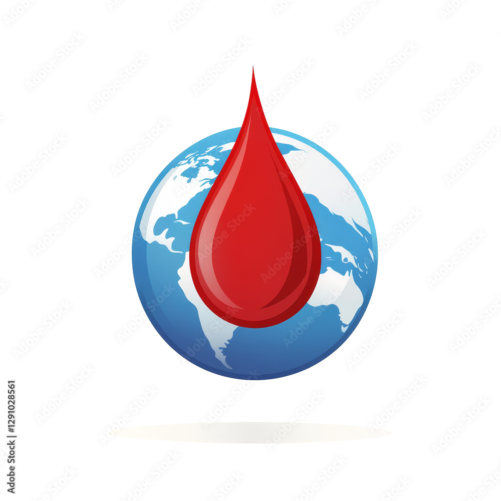 Obraz premium A vivid red droplet symbolizing water conservation above a blue globe representing Earth, Single red droplet and earth globe flat logo for blood health event isolated on transparent background