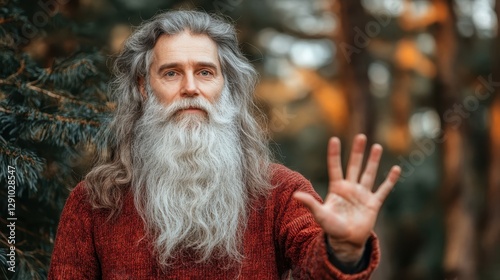 An elderly man with long gray hair and a full beard stands in a wooded area, raising his hand as if to convey a message. The surrounding trees display vibrant autumn colors under soft light