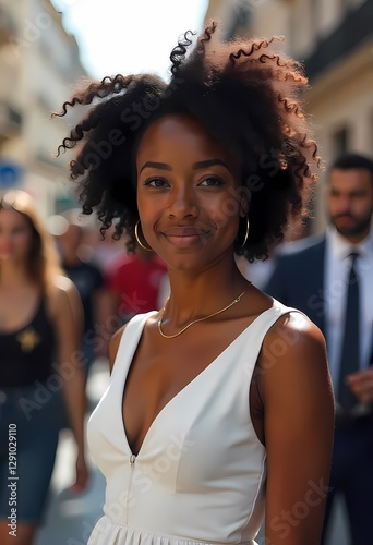 A smiling brunette woman in her 20s with fashionable style walking on a New York street, enjoying the urban outdoor lifestyle