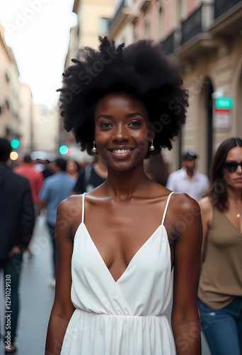 A smiling brunette woman in her 20s with fashionable style walking on a New York street, enjoying the urban outdoor lifestyle