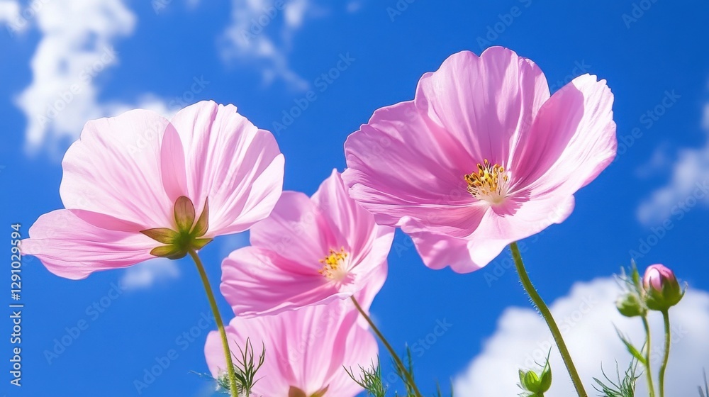 Fototapeta premium Beautiful pale pink spring flowers bloom against a clear blue sky capturing the essence of nature’s tranquility