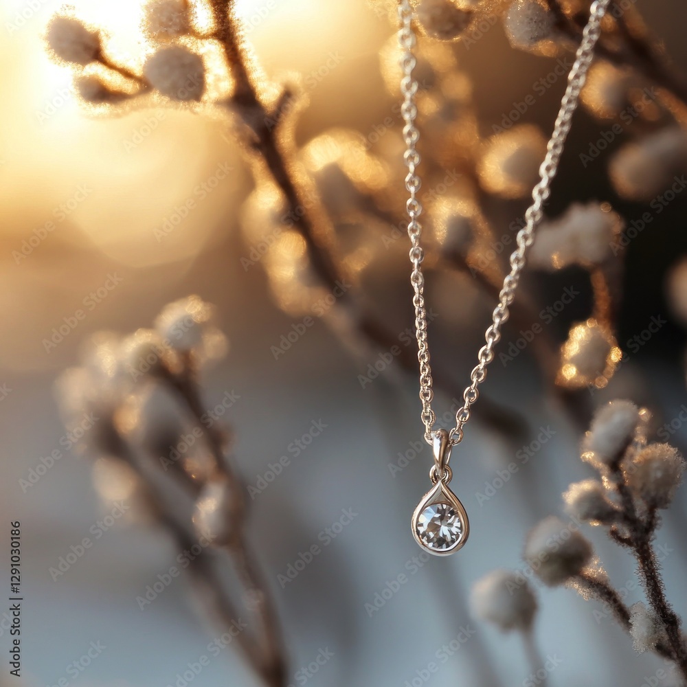 Fototapeta premium Delicate diamond teardrop necklace, sunset backdrop