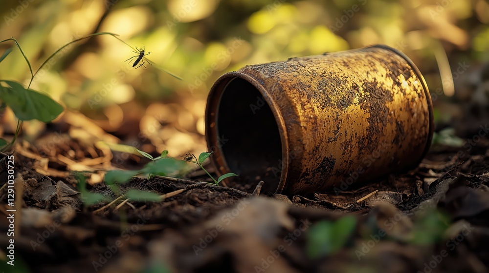 Rusty Metal Can Discarded in a Sunlit Forest Rusty Metal Can Discarded in a Sunlit Forest