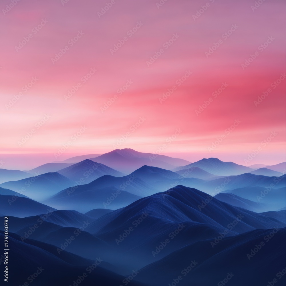 Landscape of misty mountains under pink sky Landscape of misty mountains under pink sky