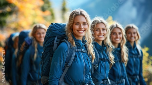 Five young women wearing matching blue hiking gear smile joyfully while trekking along a beautiful mountain trail adorned with autumn colors, demonstrating camaraderie and outdoor spirit