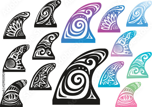Surfboard Fin decor in Maori Surf Style, Beach Decor, hand drawn vector design
