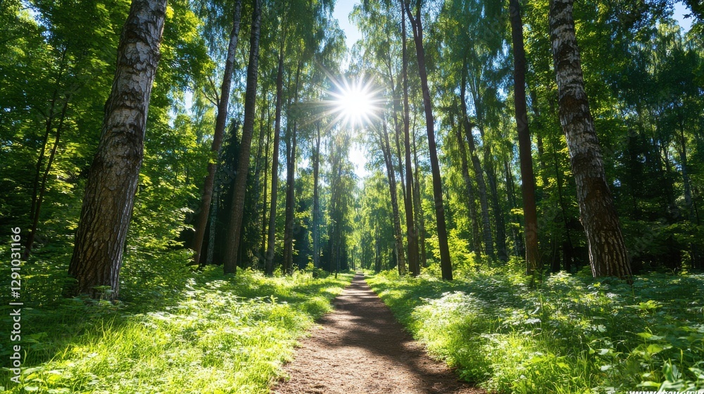 Obraz premium Serene sunlit forest path with dappled light creating a peaceful atmosphere for walking and reflection