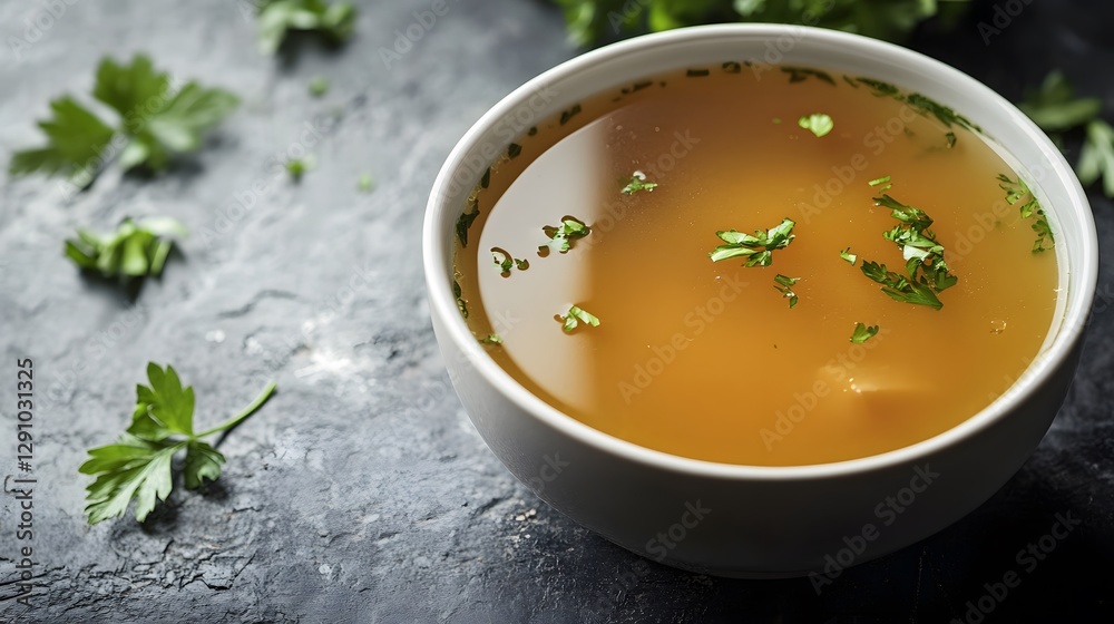 Flavorful bowl of soup enhanced with fresh herbs placed on a table for a beautiful and appealing dining experience