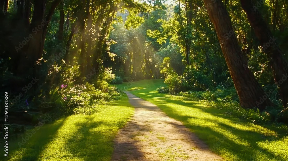 Obraz premium Serene forest path illuminated by gentle sunlight creating a peaceful atmosphere in nature
