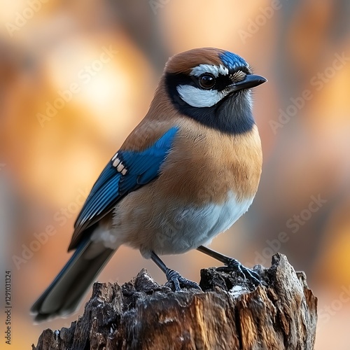 Colorful bird perched on stump (1)