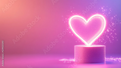 Glowing pink heart shape with sparkling glitter on a podium, symbolizing love, romance, and Valentine's Day, perfect for festive celebrations, gifts, and special moments.