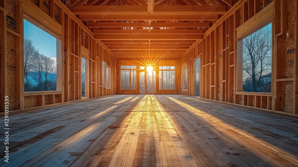 Naklejka premium Wooden Frame House Construction at Sunrise