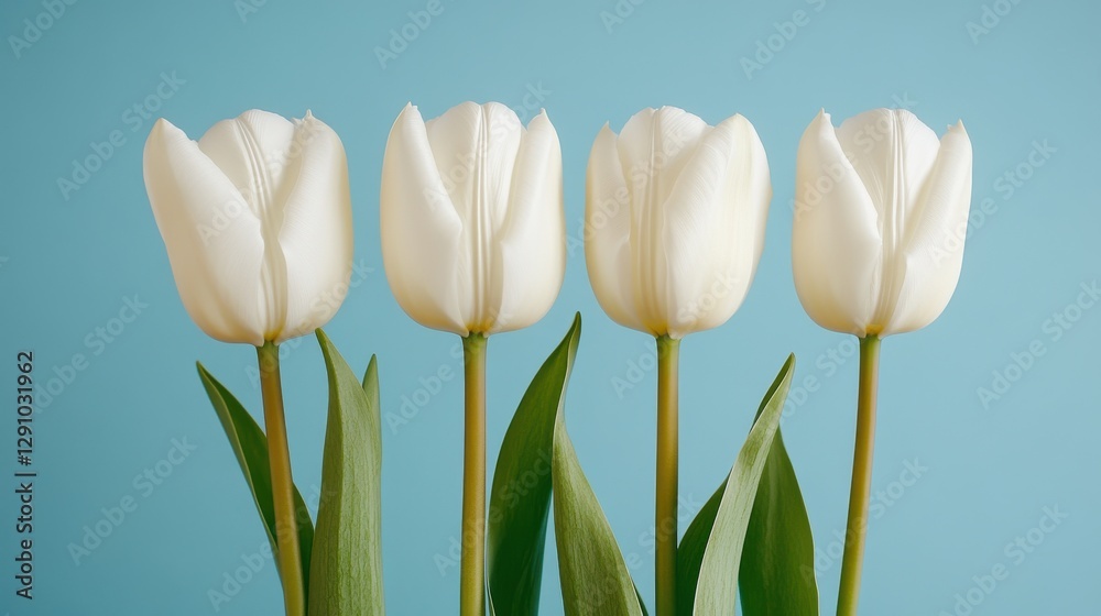 Naklejka premium Six elegant tulips arranged in a perfect row against a soft blue background