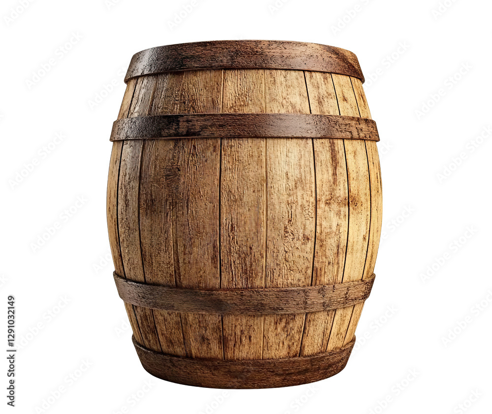 Fototapeta premium Rustic wooden barrel with metal hoops, isolated on transparent cutout background