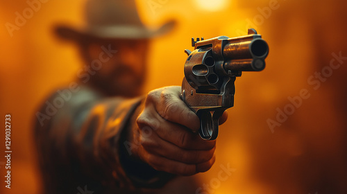 Cowboy with revolver: A determined cowboy in a traditional hat, pointing a revolver, creates a moment of tension in the golden, dust-filled atmosphere, evoking a story of the old west